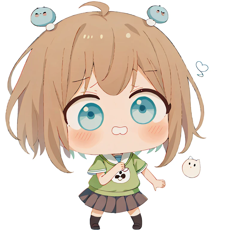 Cartoon girl with green shirt with brown hair and blue eyes, chibi, Animation Moe Artstyle, chihiro! fujisaki, Iwakura Lane, digital art from danganronpa, chiaki nanami from danganronpa, chibi girl, [ digital art ]!!, change, Cell Shading!!!, in anime style, tired ghost expression