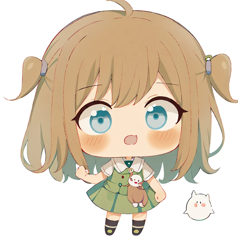 Cartoon girl with green shirt with brown hair and blue eyes, chibi, Animation Moe Artstyle, chihiro! fujisaki, Iwakura Lane, digital art from danganronpa, chiaki nanami from danganronpa, chibi girl, [ digital art ]!!, change, Cell Shading!!!, in anime style, tired ghost expression