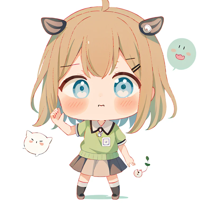 Cartoon girl with green shirt with brown hair and blue eyes, chibi, Animation Moe Artstyle, chihiro! fujisaki, Iwakura Lane, digital art from danganronpa, chiaki nanami from danganronpa, chibi girl, [ digital art ]!!, change, Cell Shading!!!, in anime style, tired ghost expression