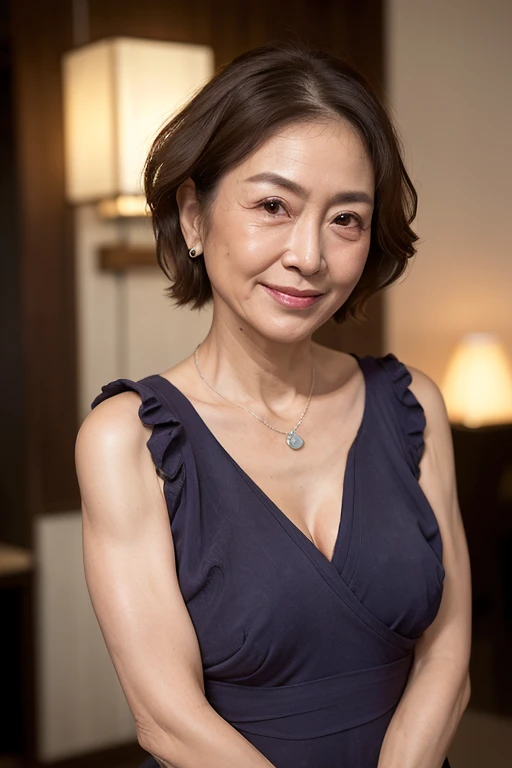 best quality, High resolution, Hires, skin definition, detailed skin, detailed eyes, detailed face, 4K, 日本人mature woman, ((solo)), (((90 years old))), (wrinkles at the corners of the eyes:1.7), (nasolabial folds:1.5), mature woman, sex appeal, sexy, fair skin, ((wavy long hair)), Looking at Viewer,(((my skin is old))), ((muscles are old)), (((Very large breasts:1.28))), ((loose breasts)), (flaccid butt), ((japanese model)), 4K, (photoReality:1.5), Reality, ticker, Beautiful, Bimbo, Perfect makeup, eye make up:1.9, small diamond necklace, earrings, {((one piece )}, smile, Public place,full body photo,