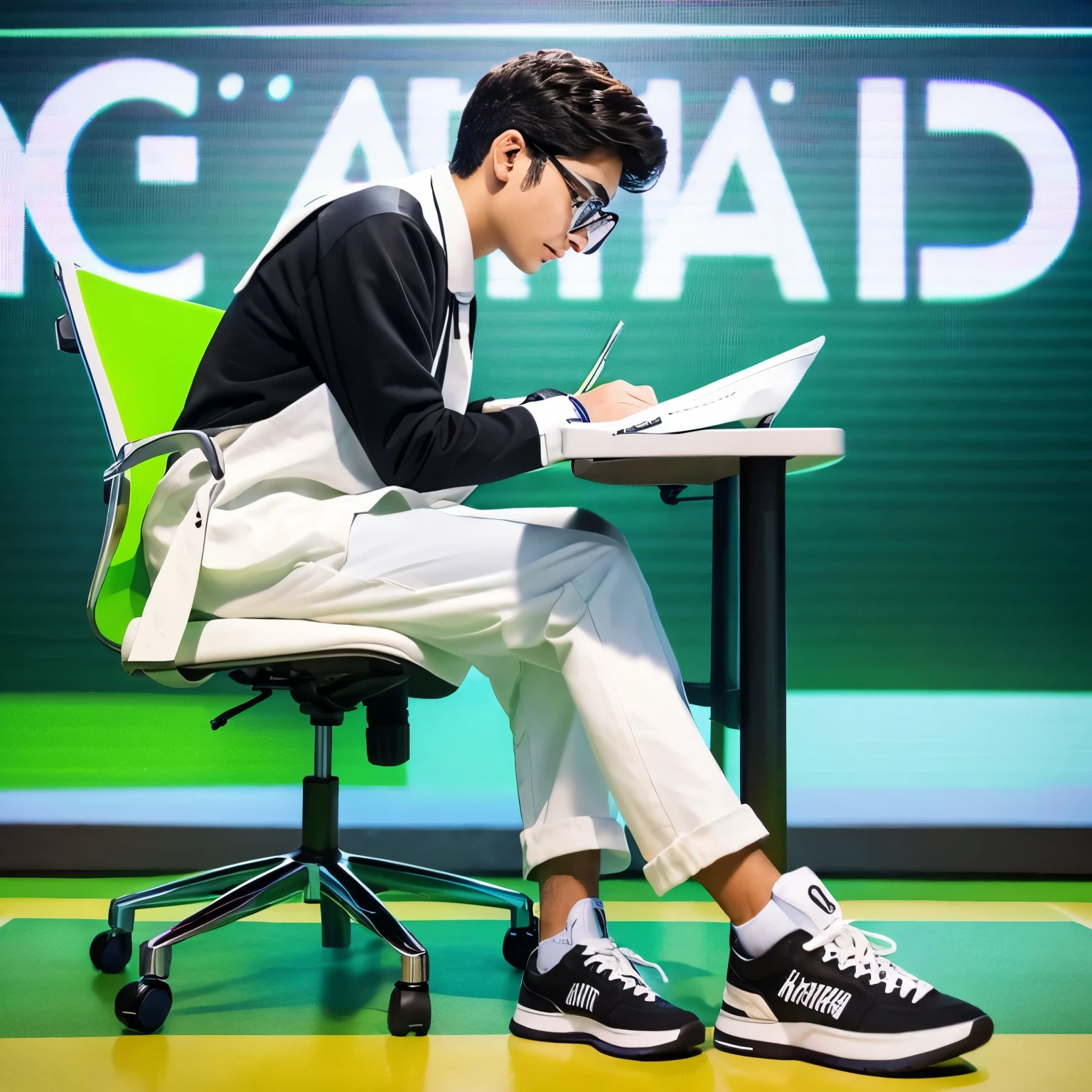 Create a 3D illustration featuring a realistic 18 year-old beautiful young boy busy to writing a coding on a chair in front of a 3d logo of WhatsApp.' The character should have green and white pant coat tie ,with Sneakers shoes, with glasses,The background of the image should showcase a social media profile page and the username "Kashif  Khan' and a matching profile picture and modify it