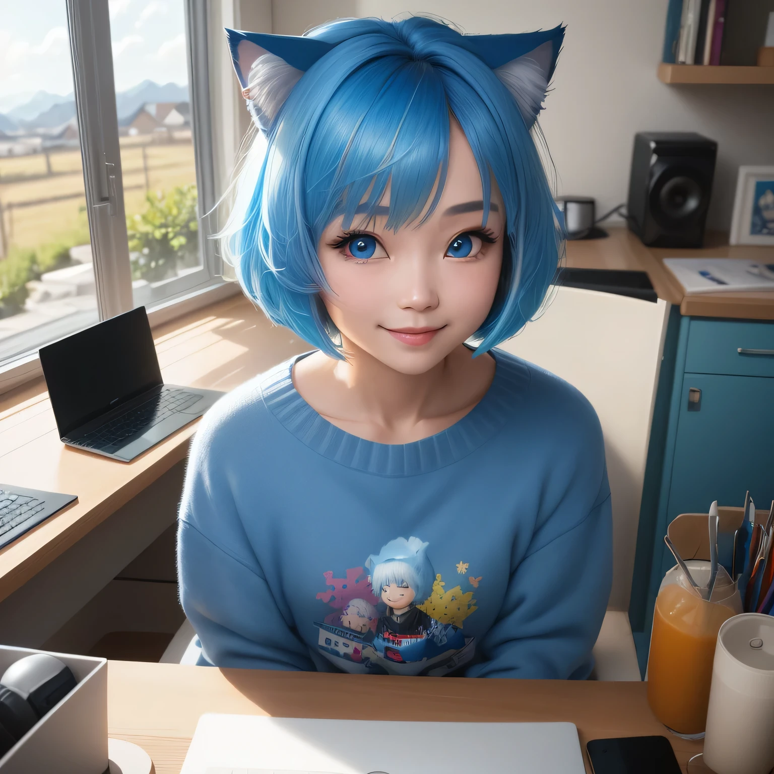 (8k, HDR, RAW photo, best quality, masterpiece:1.2, realistic lighting), overhead view, dynamic angle, korean girl, solo, smile, wearing blue sweater, (bob cuts hair), ((sky blue hair)), (messy hair), path traced hair, (sky blue cat ears), ((sky blue eyes)), beauty eyes, (thin face), (flat chest), (small breasts), (home:1.3), working at home with her computer, look up, upper body.