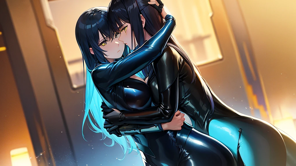 Beautiful women in blue and black long leather suits with yellow eyes hug each other