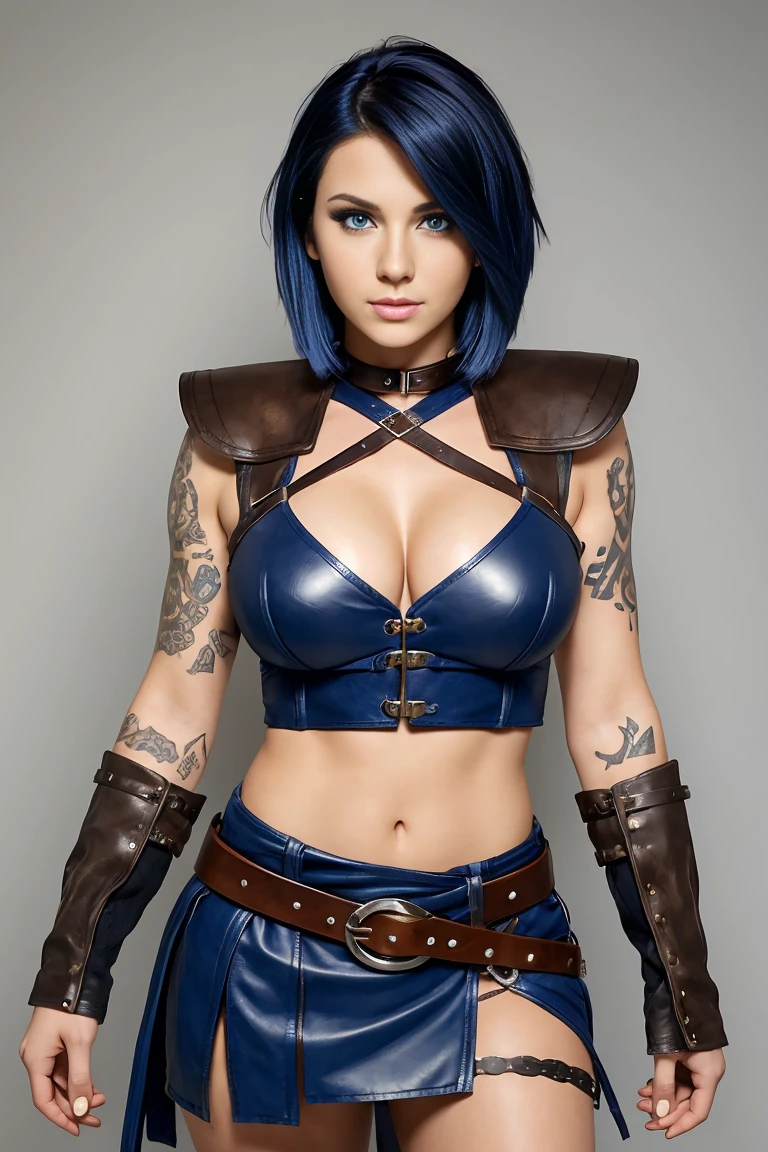 25 year old woman with short undercut indigo hair dressed in a skimpy viking outfit with leather miniskirt, cleavage, belt. Blue eyes with eye liner. Neutral background