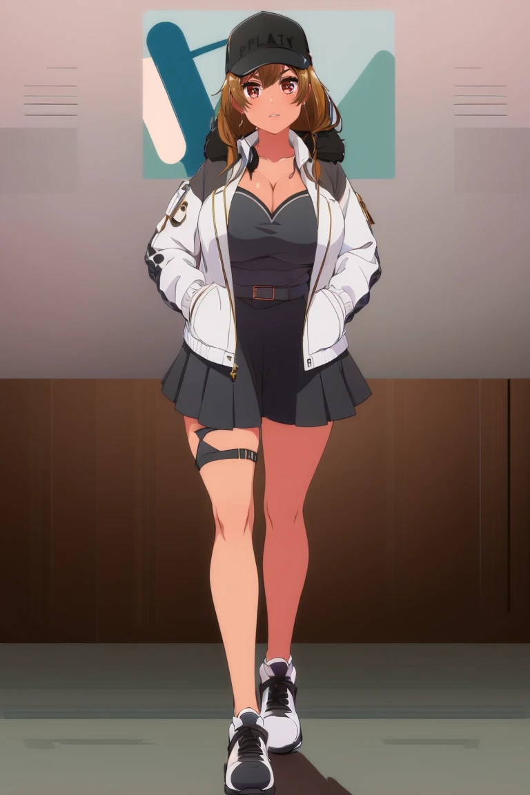 (extremely detailed CG), (best quality), 1girl, perfect face,  shiny skin, lustrous skin, wide hips, narrow waist, solo ,  KyokoDj,black footwear,pleated skirt, thigh strap, shoes,black skirt,white jacket, open jacket, gigantic breast, huge breast, cleavage, headpones around neck, shirt. open clothes, skirt, bangs, long sleeves,baseball cap, brown eyes, long hair,brown hair, smile, seductive smile,