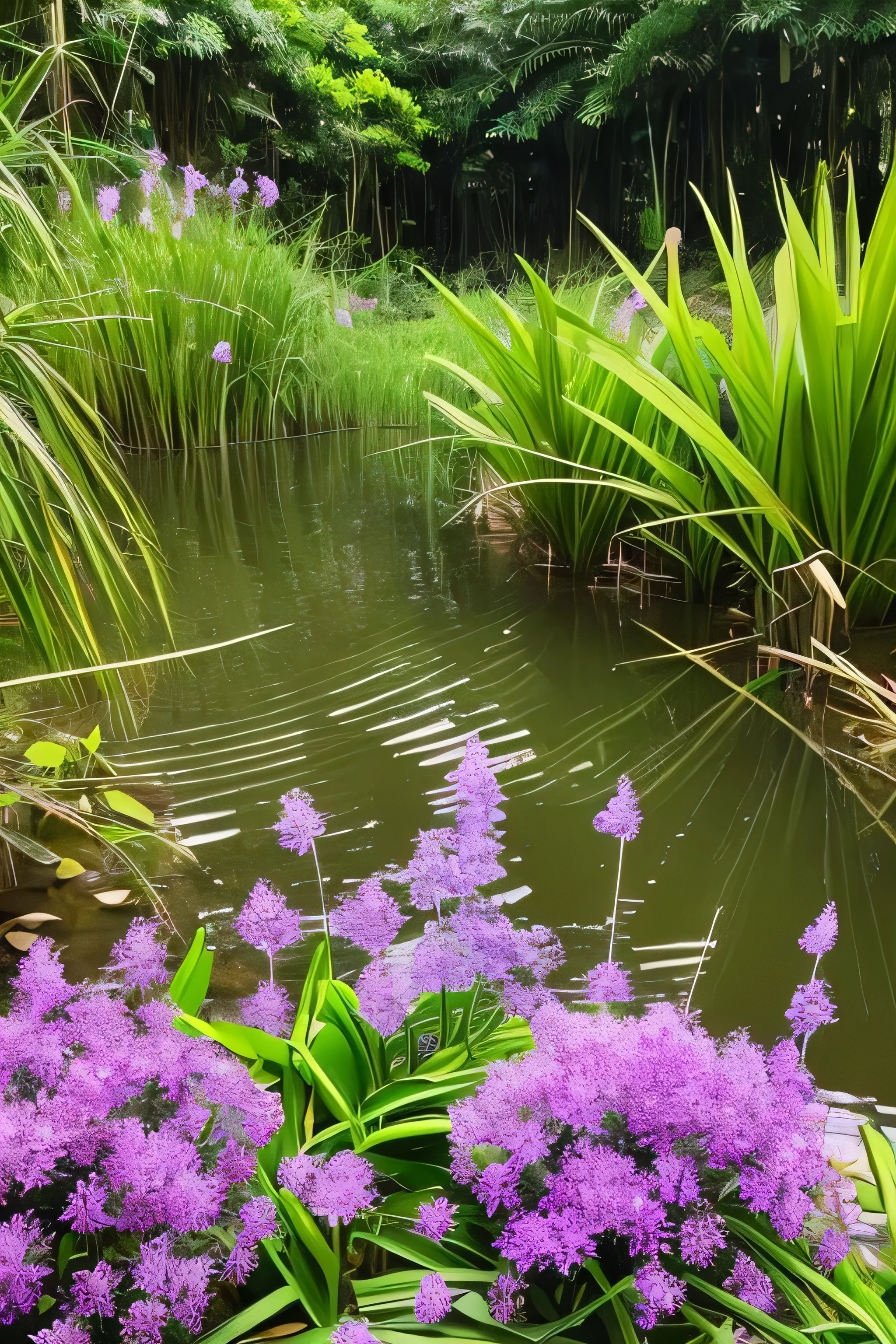 there are many purple flowers growing in the grass by the water, a portrait by Robert Brackman, flickr, hurufiyya, overgrown with thick orchids, overgrown with puffy orchids, spirited water plants, overgrown with orchids, hyacinth blooms surround her, bullrushes, taken with sony alpha 9, flowers with very long petals, aquatic plants