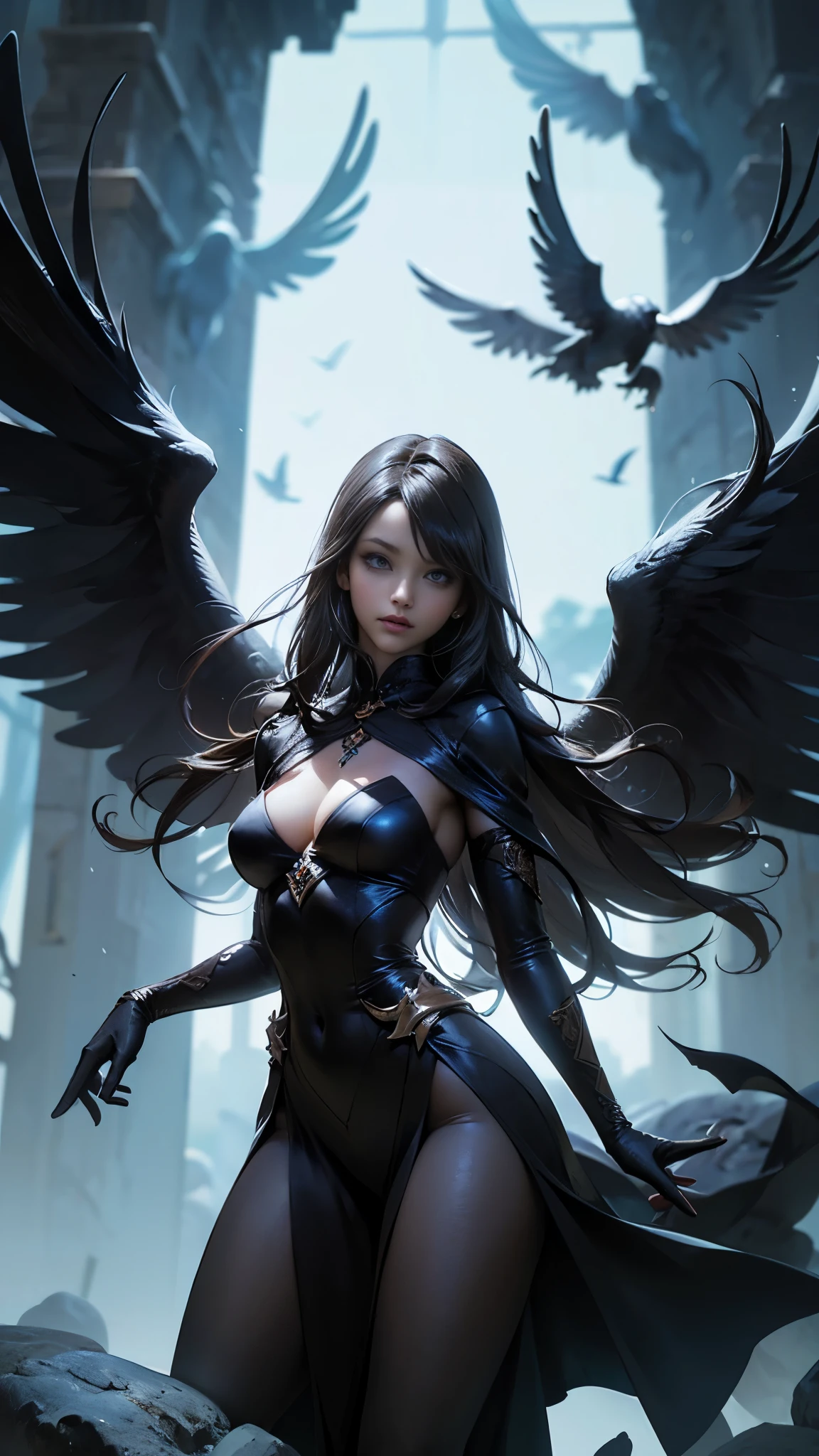 (La mejor calidad,A high resolution,Ultra - detallado,actual),Ariana Grande sexy half-raven figure,dark clothing,arms with wings, harpia, no arm"(hermosos ojos azules), (fondo piedras grandes negro:1.4) , (pose vaquero ), (realistic) ,Arte detallado de alta calidad 8K, Fanart Mejor ArtStation, Fantasy art style , (fondo oscuro tenebroso bosque negro), (alas de cuervo negro en la espalda grande)