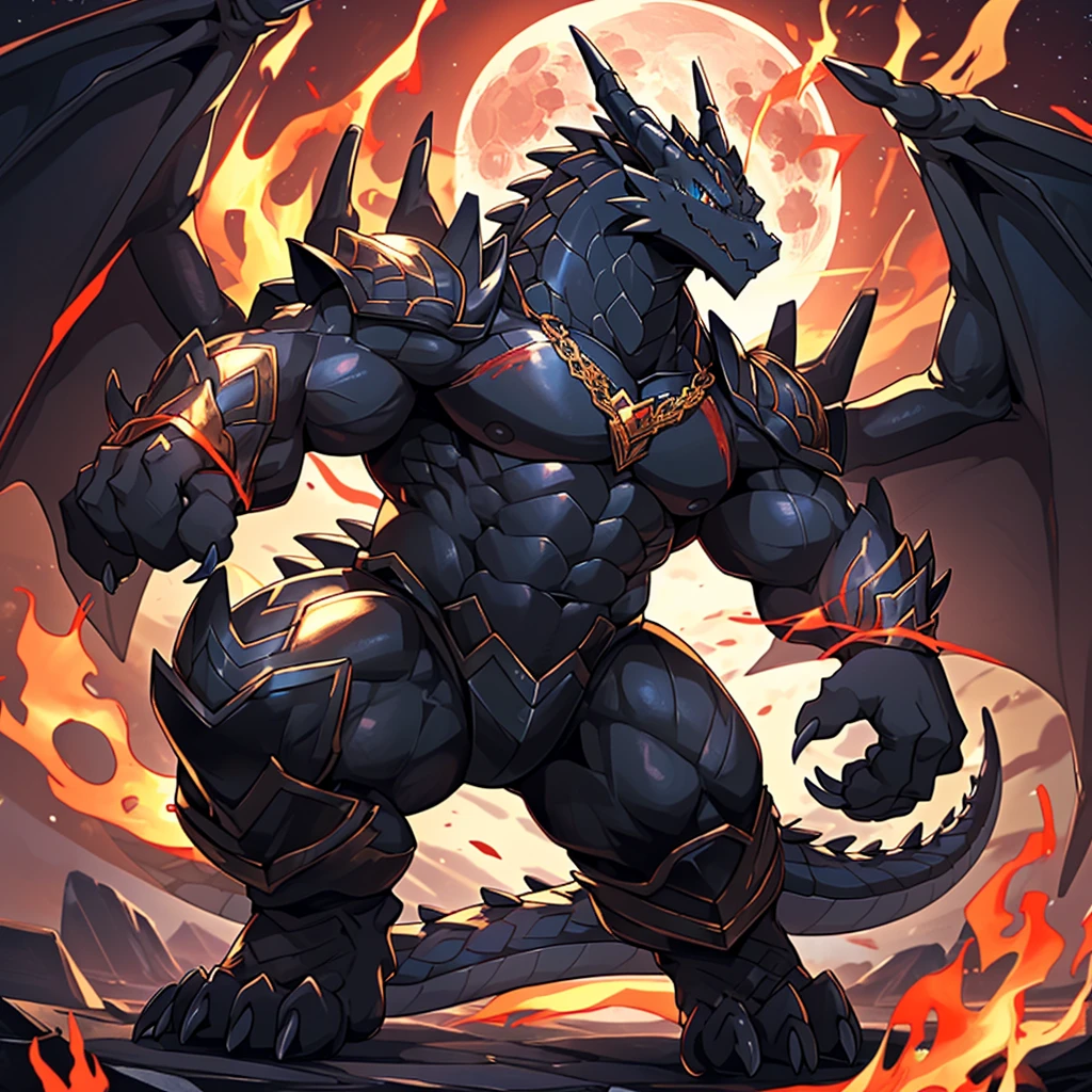 (The violent and powerful Black Dragon King,Wearing modern black and gold armor:100),(Broad dragon body,majestic wingspan,Sharp dragon claws,thick dragon tail,The huge black dragon king,Huge dragon claws:2),Strong build,(blue dragon flame:2),blood moon,full body picture,Very detailed,4K HD