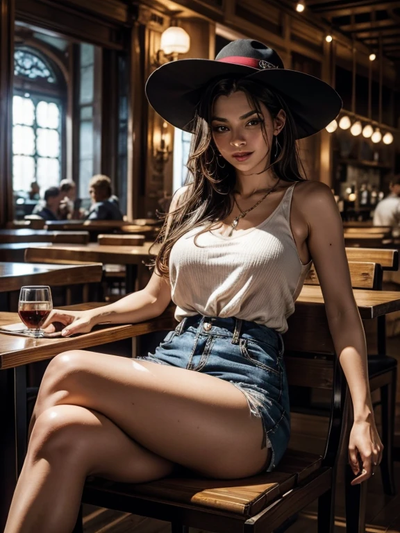 there a woman an einem Tisch sitzen with a glass of wine, pretty face with arms and legs, auf einem Tisch sitzen, crossed legs, uhd ehrliches Foto von Dirty, ehrliche Aufnahme, an einem Tisch sitzen, dicke Beine, Beine sichtbar, Legs crossed, sie hat einen distanzierten Ausdruck, big thighs, sitting in a cafe, ehrliches Bild, wears black shorts,sweat,man kann ihren feuchten slip sehen,very excited atmosphere