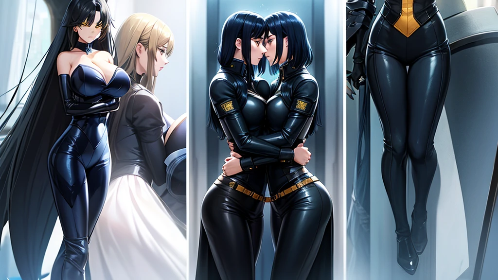 Beautiful women in blue and black long leather suits with yellow eyes hug each other