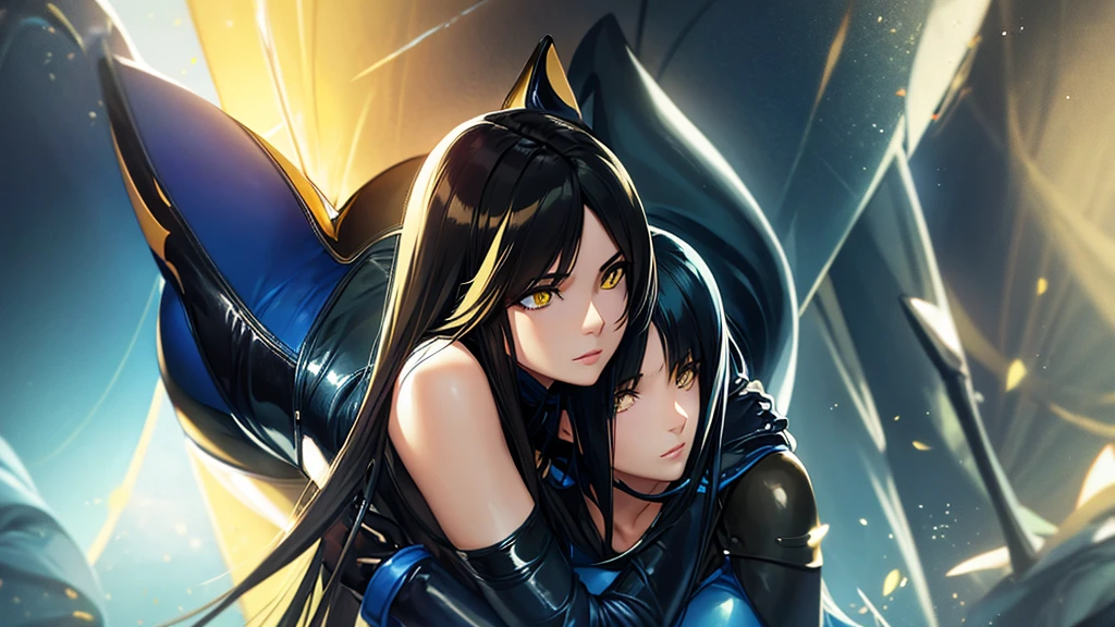 Beautiful women in blue and black long leather suits with yellow eyes hug each other