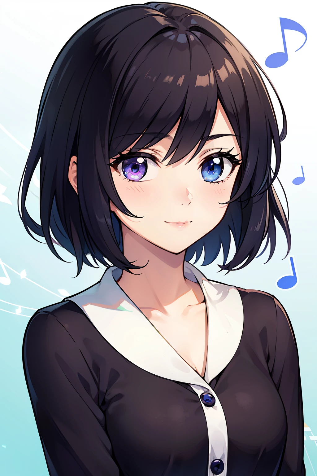 (high-quality, breathtaking),(expressive eyes, perfect face) 1female, girl , solo, ager, asian woman hairstyle, short hair length, soft wave, black hair color, Heterochromia left eye blue and right eye purple, short white dress, black long sleeved cardigan, blue and purple background, music, gentle smile, swirls in background, music notes background, beautiful background
