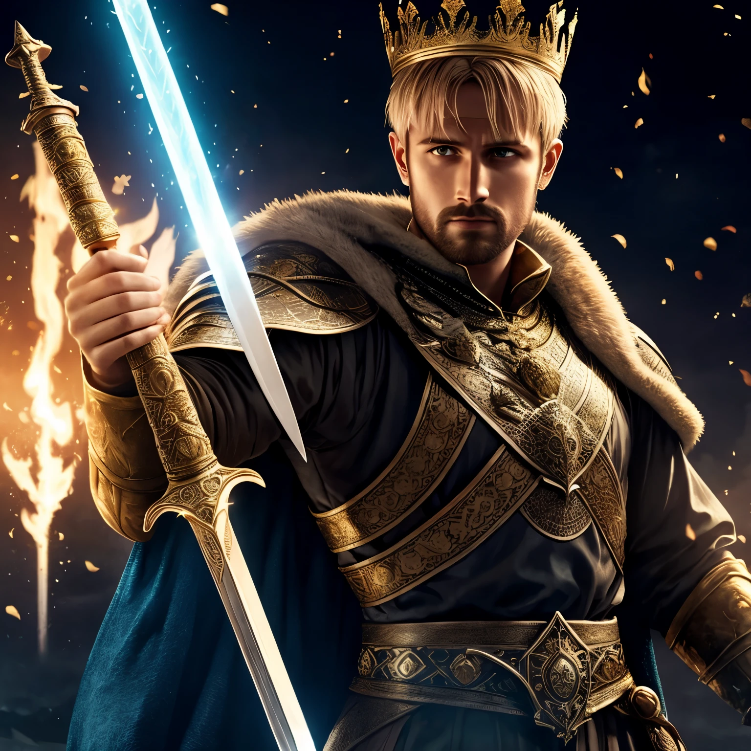 King Arthur, 3d, holding glowing sword, wearing crown, wearing royal clothing, wearing king cape