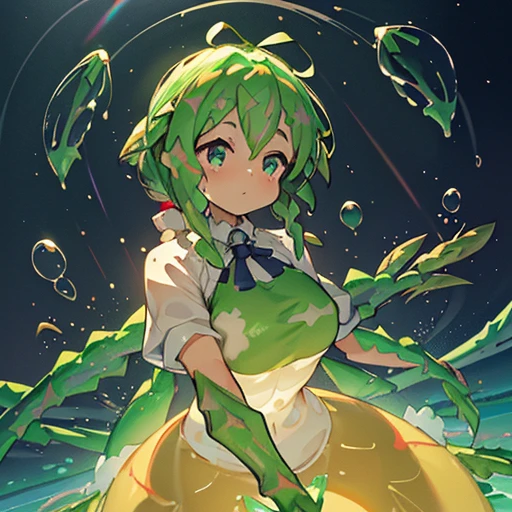 Rainbow grill girl wrapped in a large amount of soap bubbles、amazing dynamism、amazing angle、A sandstorm of enormous buoyancy and luster、Glowing condensation、((((Lots of large Changbai asparagus floating and chasing each other.))))、((surround each other&#39;big kinakomochi))、(((big plot twist)))、（Extra large branching light-emitting antenna）、