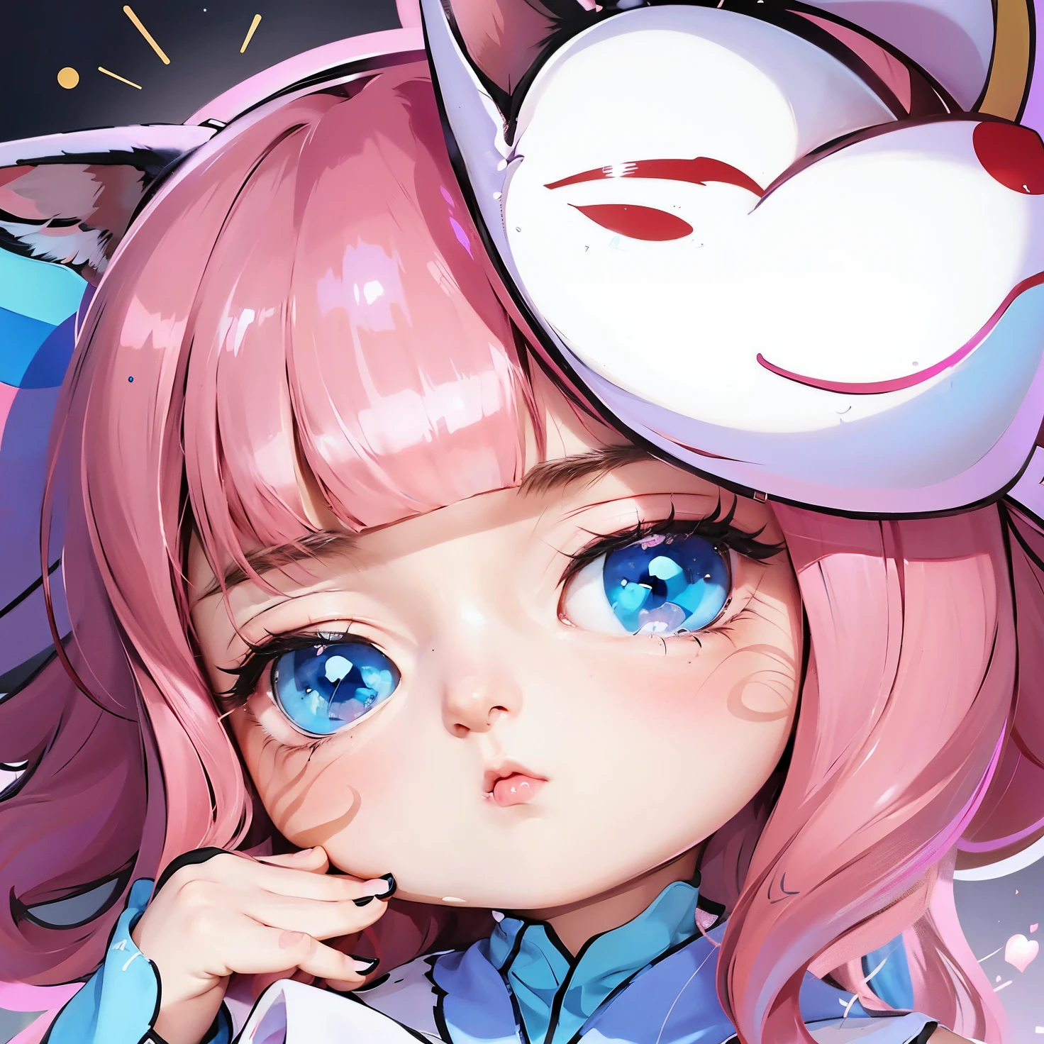 anime girl with pink hair and blue eyes with a cat on her head, splash art anime , anime catgirl, ahri, cute anime catgirl, maplestory mouse, anime moe artstyle, holo a wolf girl, seraphine ahri kda, ig studios anime style, portrait of ahri, pink fox, stylized anime