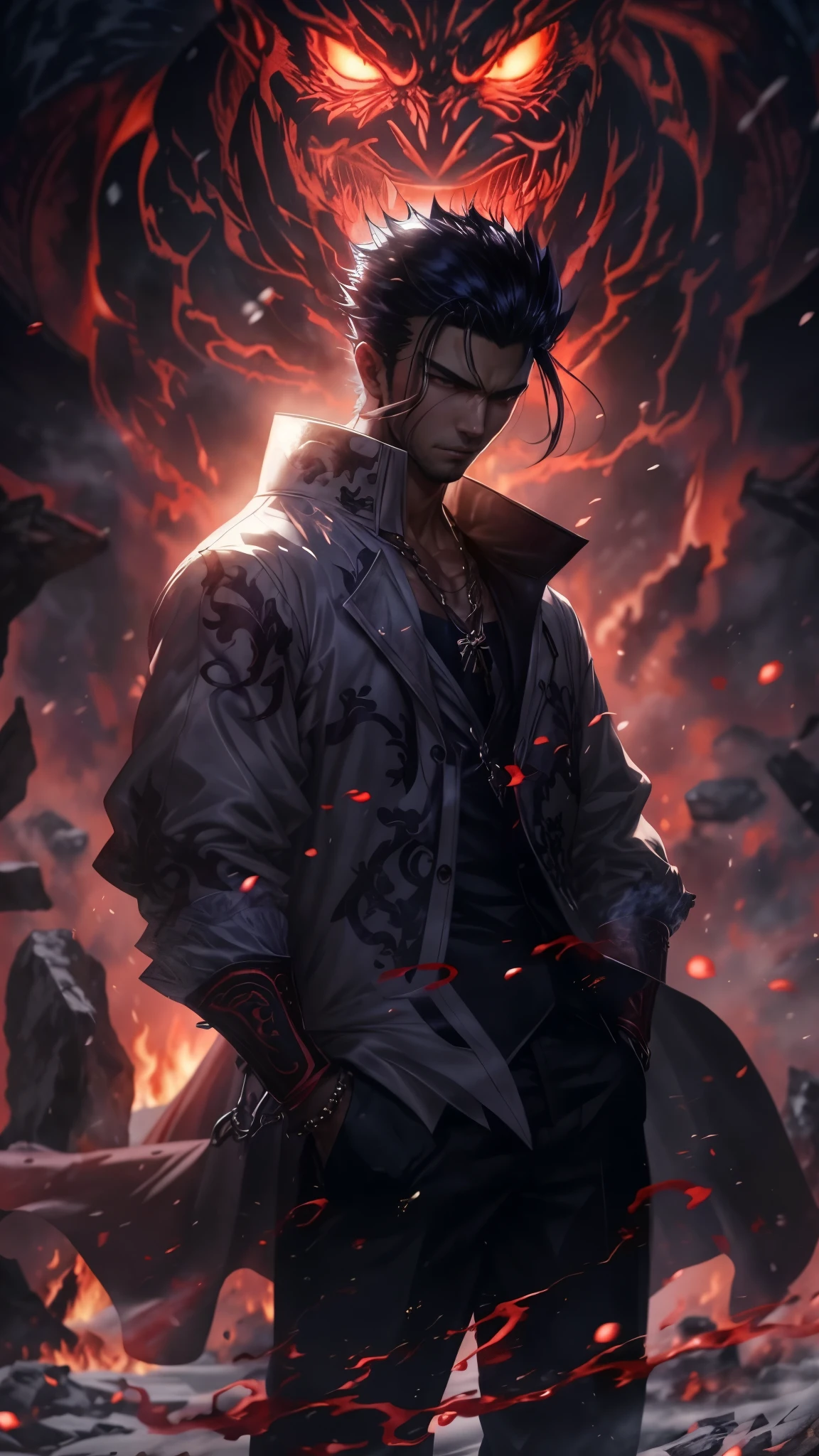 a man in a white coat standing in front of a fire, badass anime 8 k, anime epic artwork, handsome guy in demon slayer art, anime wallaper, official art, key anime art, epic anime style, 4k anime wallpaper, anime wallpaper 4 k, trending on artstation pixiv, by Yang J, anime wallpaper 4k, detailed anime character art