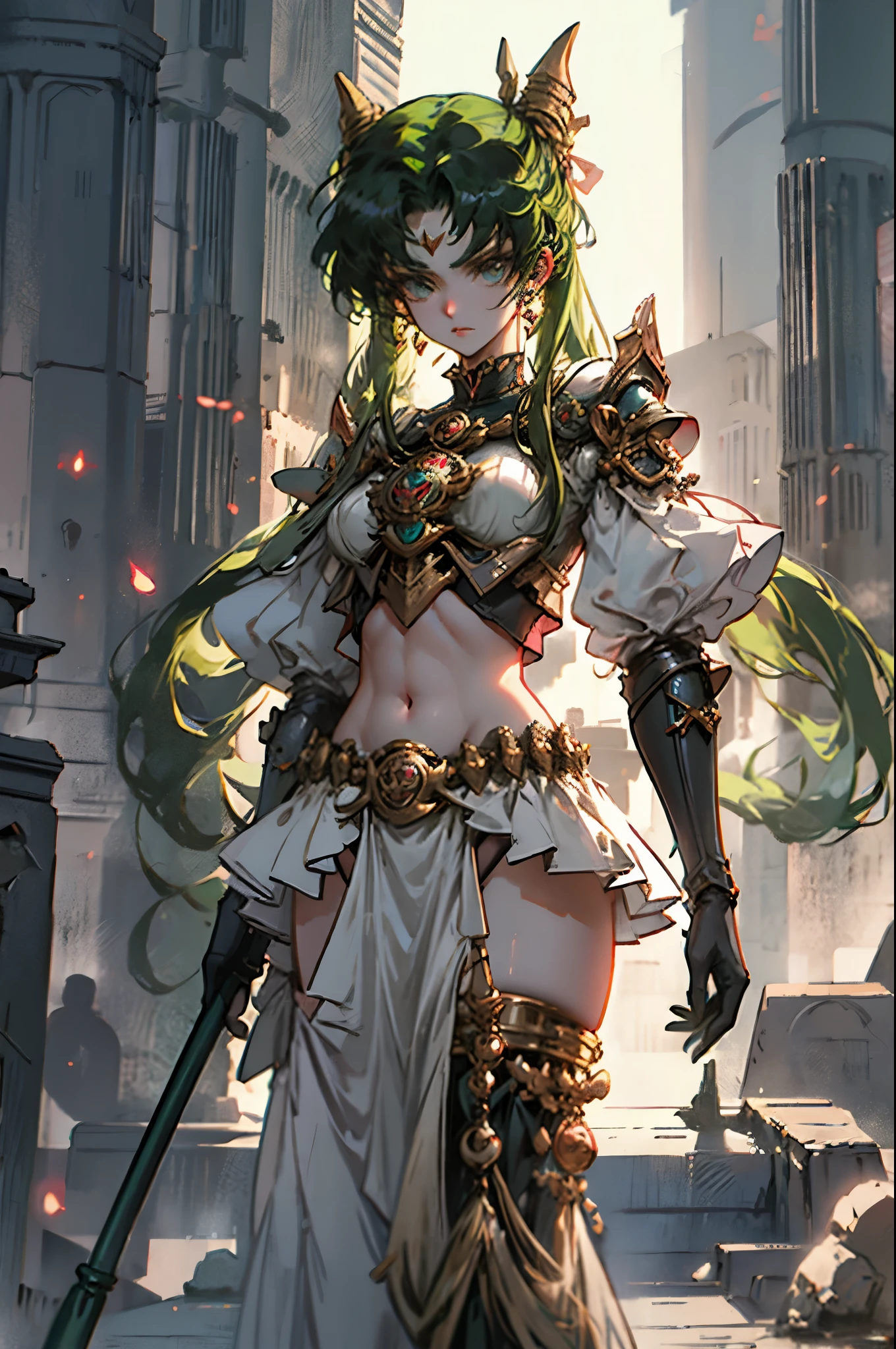 Black Kakalot Female, Green Hair, Look at Viewer, ancient tower, panty