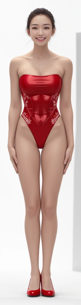 On a white background，A tall and beautiful Chinese girl，with fair skin，Toothy smile，A big smile，When you laugh, Your eyes are crescent-shaped，blunt bangs, long straight hair，Wear a one-piece swimsuit and pumps，Swimsuits are decorated with joyful patterns, Stand up straight，Stand upright，hands on sides，Symmetrical distribution，Ray tracing，All shaded areas，No windows, Soft lighting, Warm light, flood light, no lights on the top, Studio light, 1.4x Realistic Ultra HD