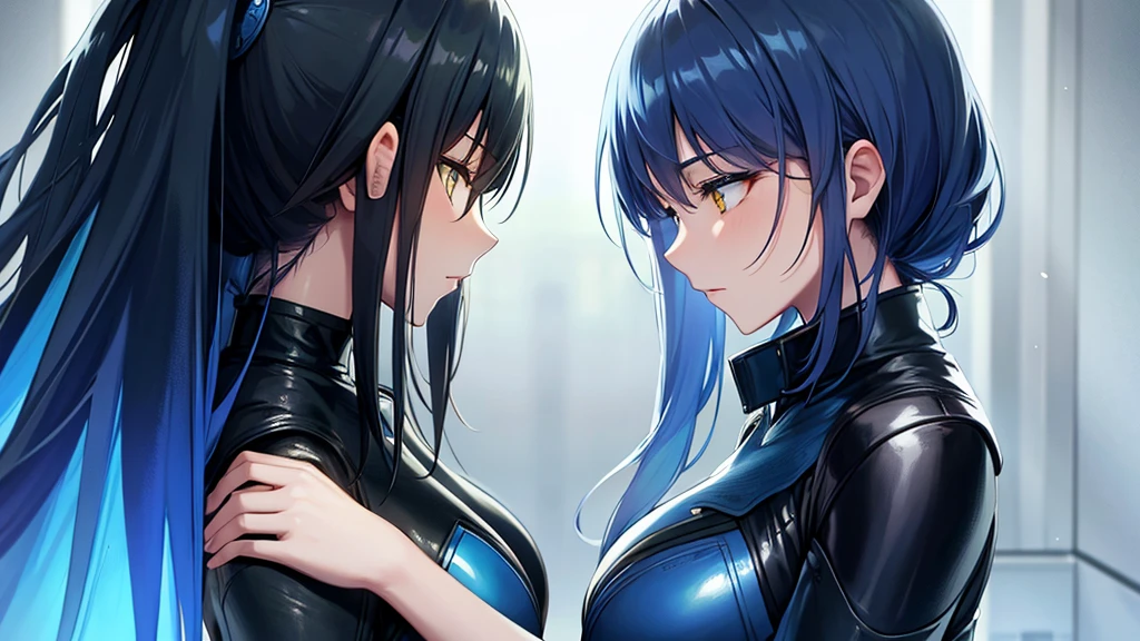 Beautiful women in blue and black long leather suits with yellow eyes hug each other