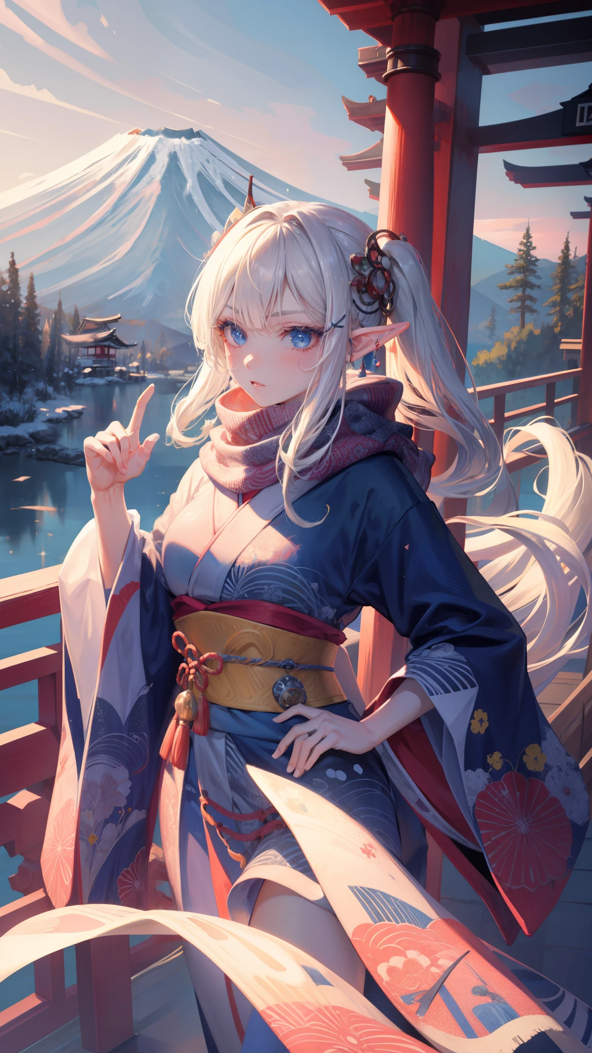 ((masterpiece )), (top quality), (best quality), ((ultra-detailed, 8k quality)), Aesthetics, Cinematic lighting, (detailed line art),
BREAK,
highly detailed of (elf), (1girl), perfect face, details eye, double pigtails hair, Blunt bangs, (hair between eye), blonde white hair, blue eyes, eyelashes, eyeshadow, pink eyeshadow, light smile, design art by Artgerm, by Kawacy, By Yoshitaka Amano,
BREAK,
(scarf), ring, kimono, Han'eri, Haori, (geta), cowboy shot, dynamic angle, looking at viewer, showing her hand out, Winter Creek, Japanese architecture, midday, torii, (Mt. Fuji BACKGROUND:1.2), HEXAGON, three-dimensional effect, amano yoshitaka,
BREAK,
((perfect anatomy)), nice body, medium breast, extremely detailed finger, best hands, perfect face, beautiful face, beautiful eyes, perfect eyes, perfect fingers, correct anatomy,