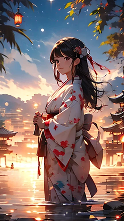 highest quality、masterpiece、girl、cute、black hair、breast enhancement、red kimono、Japanese clothing、new year、dragon、beautiful scenery