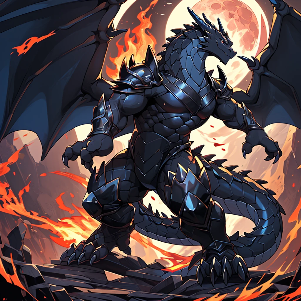 (The violent and powerful Black Dragon King，Wearing modern black and gold armor：100)，(Broad dragon body，majestic wingspan，Sharp dragon claws，thick dragon tail，The huge black dragon king，Huge dragon claws：2)，Strong build，(blue dragon flame：2)，blood moon，full body picture，Very detailed，4K HD