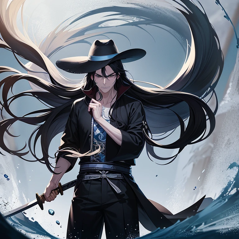 A tall man with long black hair and blue eyes wearing a black straw hat and wearing a blue ancient Japanese shirt and white pants holding a swords in his right hand looking angry in a city flooded with water 