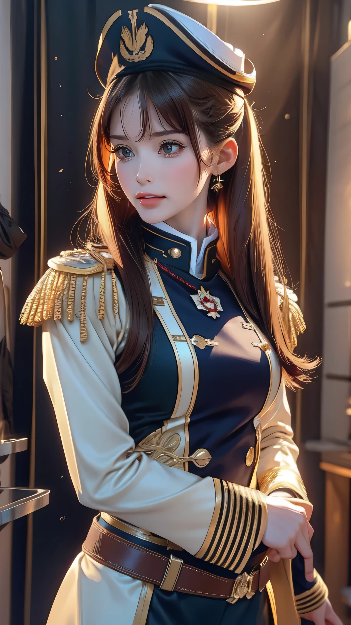 whole body,(random active pose),1 girl,(highly detailed skin),(winding),(small),beautiful胸,(big breasts),white skin,pointed chest,erect nipples,(fantasy art,best image quality,hyperrealist portrait,(8k),surreal,最high quality, high quality, High resolution, high quality texture,high definition,beautiful,Detailed,Highly detailed CG,Detailedテクスチャー,realistic expression of face,masterpiece,presence,dynamic,bold),ponytail,(super thin hair),(super soft hair),(ultra straight hair:1.5),long flowing bangs,Extra bright coppery amber hair,hair above one eye,dressed,(Military Academy Uniforms:1.5)