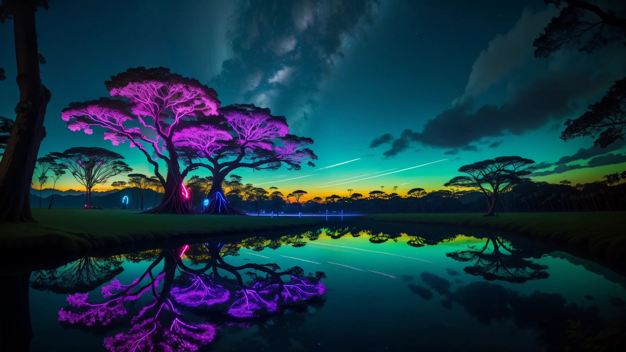 A big place with neon plants like alien style with tribe villages and with big trees in these trees their roots are kind of big neon and the trunk is kind of colorful, com rio passando com uma agua bem clara, When you look at the reflection of the water it gives neon lighting and the sky has colorful clouds