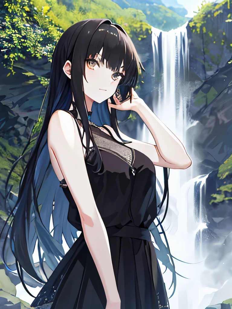 best quality,,High resolution,Practicing to be hit by a waterfall,solo,black,long hair,,beautiful girl,