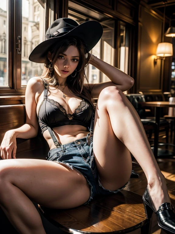 there a woman an einem Tisch sitzen with a glass of wine, pretty face with arms and legs, auf einem Tisch sitzen, crossed legs, uhd ehrliches Foto von Dirty, ehrliche Aufnahme, an einem Tisch sitzen, dicke Beine, Beine sichtbar, Legs crossed, sie hat einen distanzierten Ausdruck, big thighs, sitting in a cafe, ehrliches Bild, wears black shorts,sweat,man kann ihren feuchten slip sehen,very excited atmosphere, sehr erotisch, suspenders, hot, upskirt,opened legs,Stoops ,schaut verschmitzt in die kamera