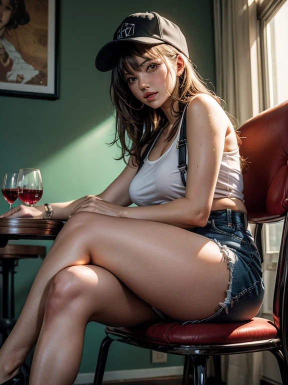 there a woman an einem Tisch sitzen with a glass of wine, pretty face with arms and legs, auf einem Tisch sitzen, crossed legs, uhd ehrliches Foto von Dirty, ehrliche Aufnahme, an einem Tisch sitzen, dicke Beine, Beine sichtbar, Legs crossed, sie hat einen distanzierten Ausdruck, big thighs, sitting in a cafe, ehrliches Bild, wears black shorts,sweat,man kann ihren feuchten slip sehen,very excited atmosphere, sehr erotisch, suspenders, hot, upskirt,opened legs,Stoops ,schaut verschmitzt in die kamera
