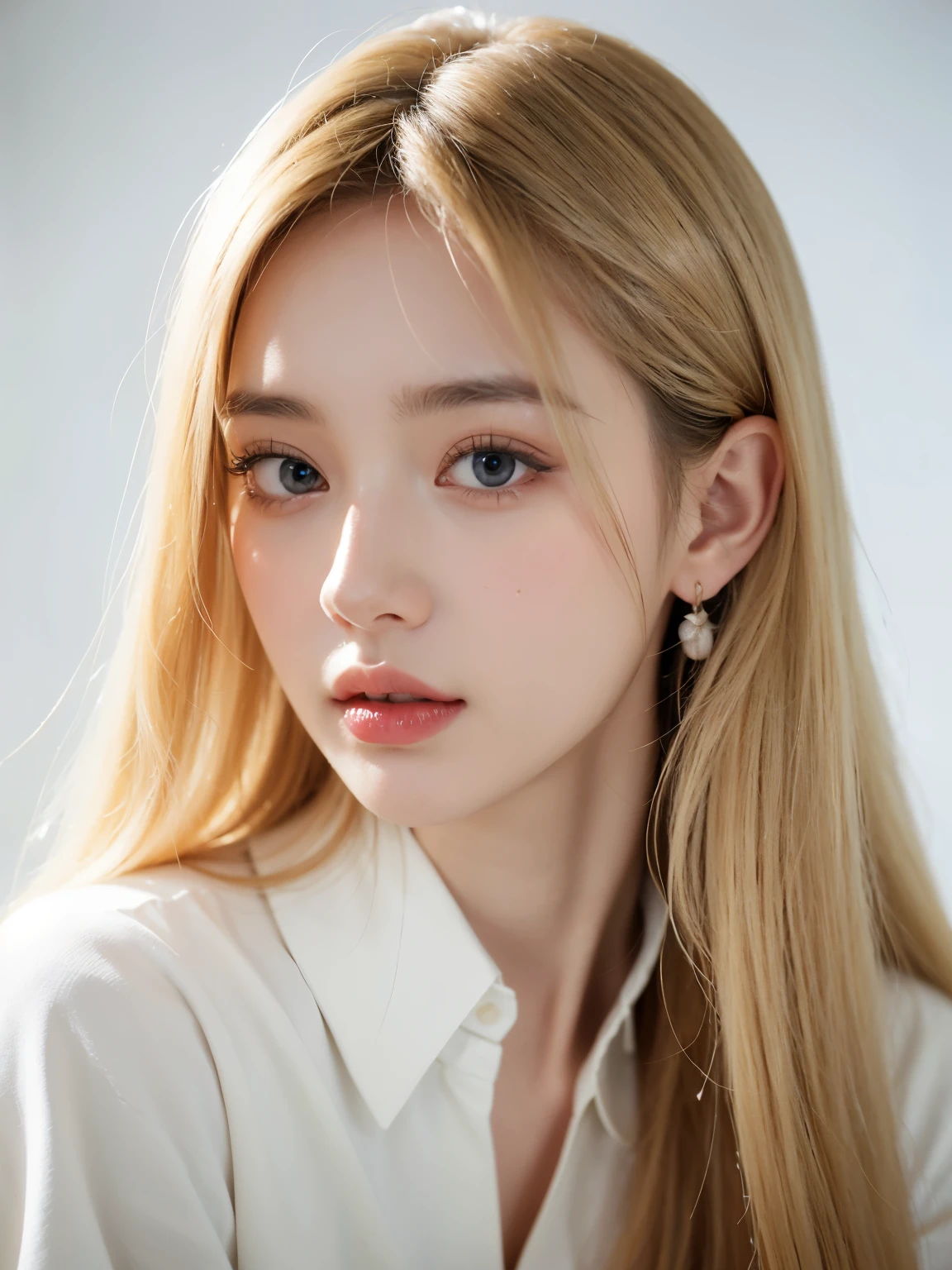 ((highest quality、8K、master piece:1.3))、1 woman、(long hair、:1.2)、cardigan:1.2、white simple background、indoor、super detailed face、detailed eyes、medium hair、(Blonde Hair:1.5)、Natural Photography、beautiful long black upper eyelashes、beautiful long black lower eyelashes、focus on the face、close up of face、face only、upper part of the body
