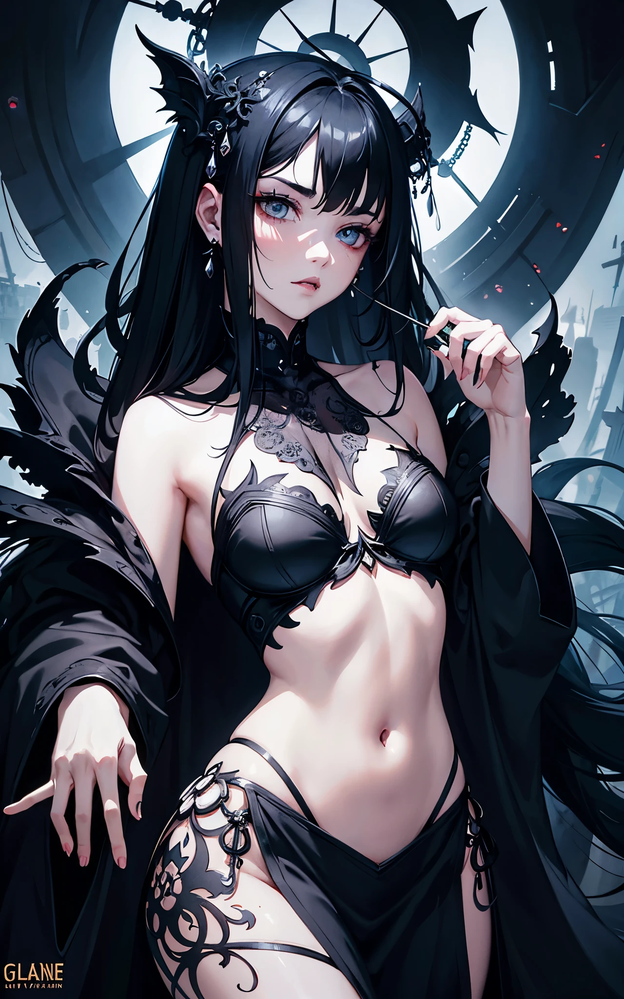 (Dua Lipa) is a beautiful charming vampire queen sitting on a throne, carved out of dark smoke, pale skin,dark fantasy background, black, circular colored smoke, waves of shadows at night, abstract skull ornaments, messy hair, soft colors, flat 4d street art in the style of adrian ghenie, esao andrews, jenny saville , edward hopper, surrealism, james jean dark, takato yamamoto, inkpunk minimalism, , detailed eyes with circular iris, seamless geometric pattern harmony, luminogram, iron gall ink, art by Russ Mills, Sakimichan,, by GIlSam -paio octane rendering depicting innovation and truth, 8k, by Lee Jeffries, depth - Gs studio