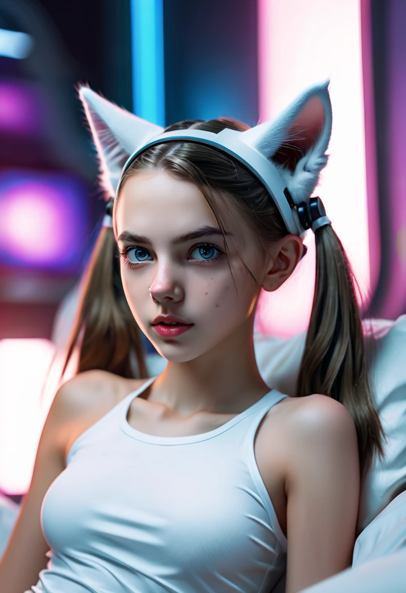 White girl, sitting on a bed, in a cyberpunk steel bunker with hatches etc., in the background. she wearing white cats ears. She has twintail hairstyle. ************ girl, slim petite, small girl, beautiful breasts. Masterpiece, 8k, 4k, high resolution, dslr, ultra quality, sharp focus, tack sharp, dof, film grain, Fujifilm XT3, crystal clear, 8K UHD, beautiful eyes with very large Dilated pupils, high detailed skin, skin pores, seductive, look, bewitching lady with beautiful long hair, full lips, long legs, lovely face wearing torn vaultsuit clothes. , realistic colors, realistic, photorealistic