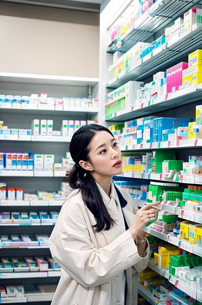 A woman in a white coat working at a dispensing pharmacy。35 years old。Her hair is black in a ponytail.。