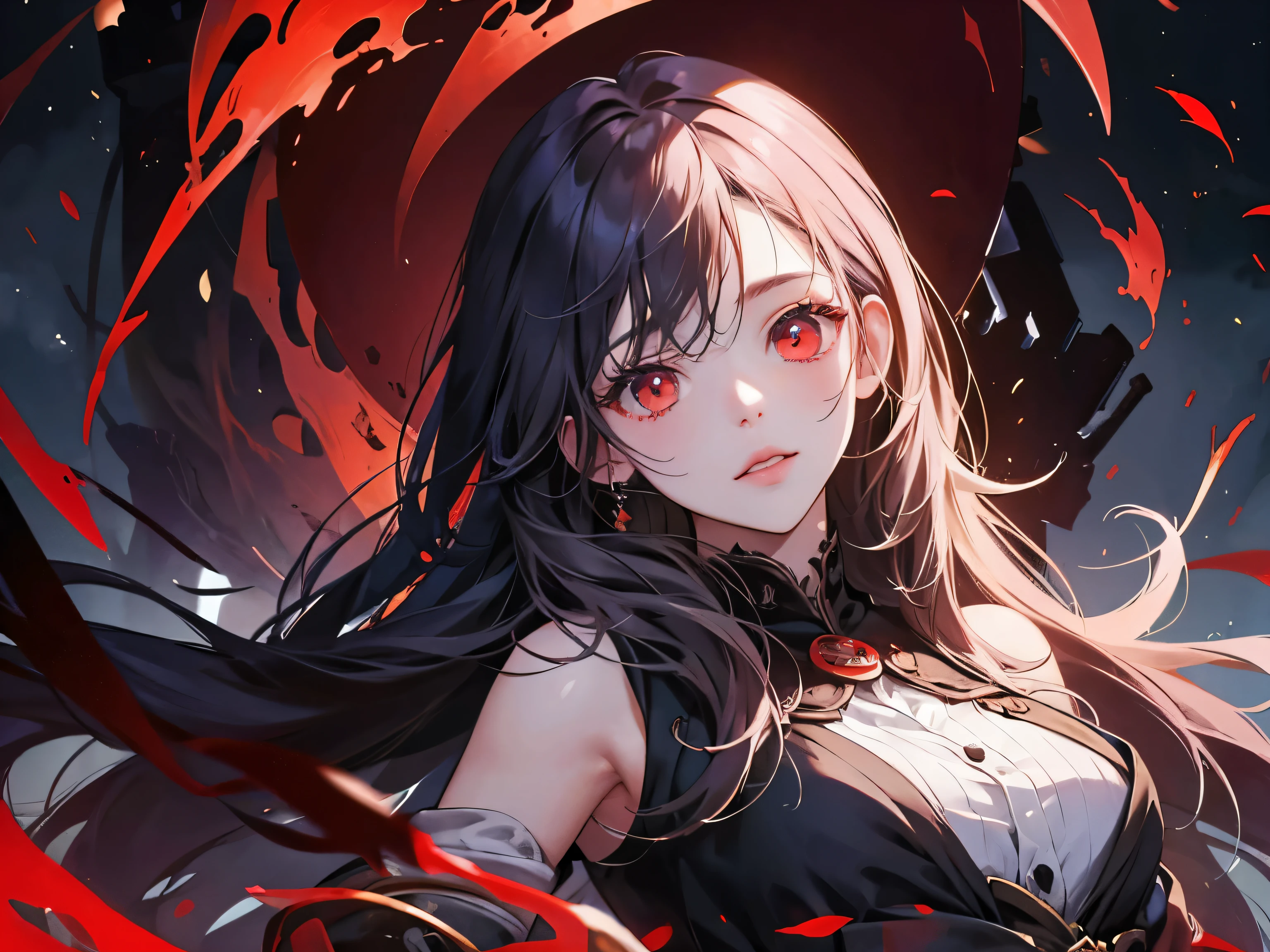 Girl in abyss, red eyes, fantasy, blood everywhere, (masterpiece), (best quality), perfect detailed,