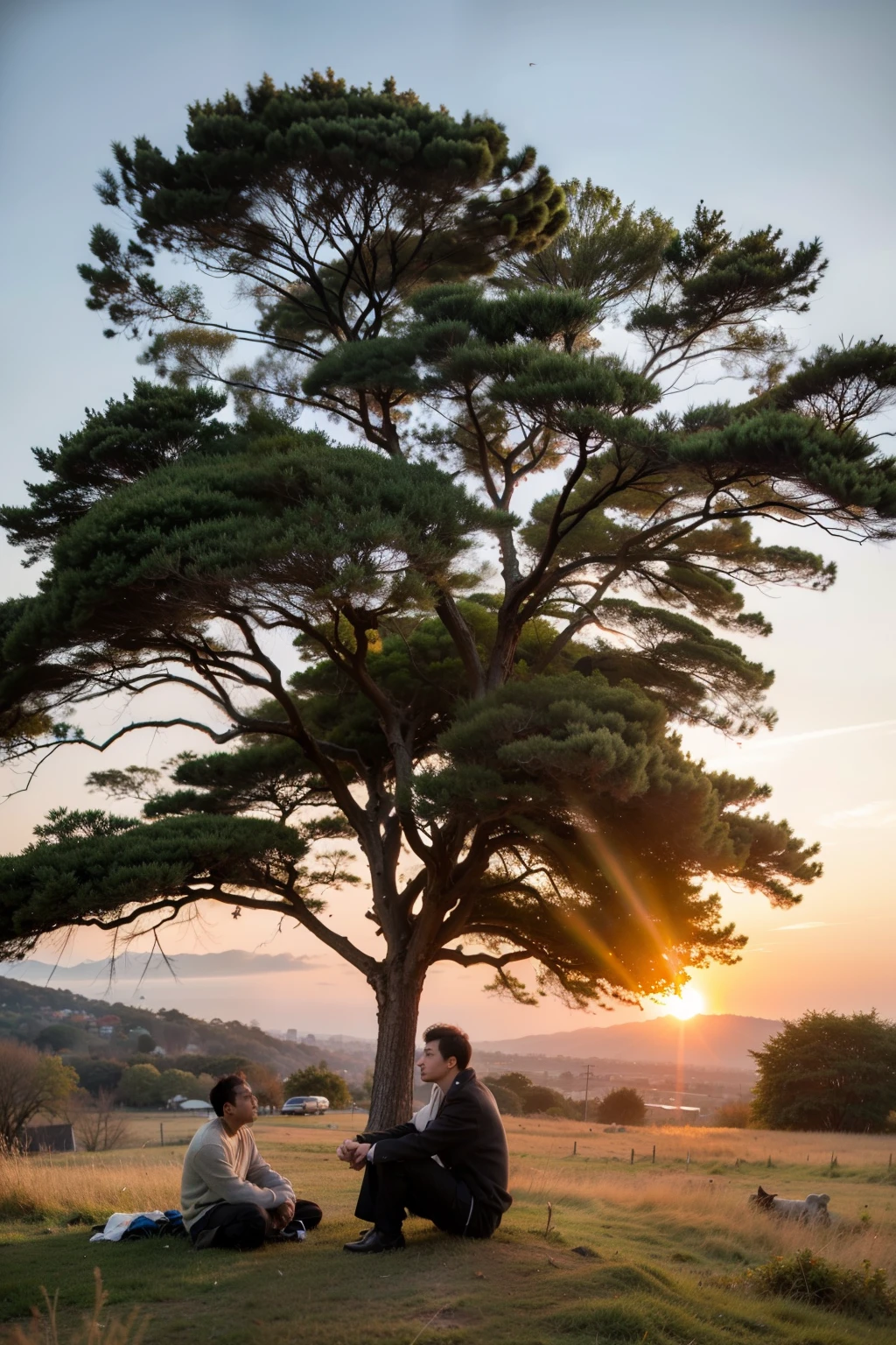 late autumn，A big tree grows on a hill，The big tree has lost all its leaves，hills covered with dead grass。A man&#39;s figure sits under a big tree and looks at the sunset in the distance，The sun  setting。