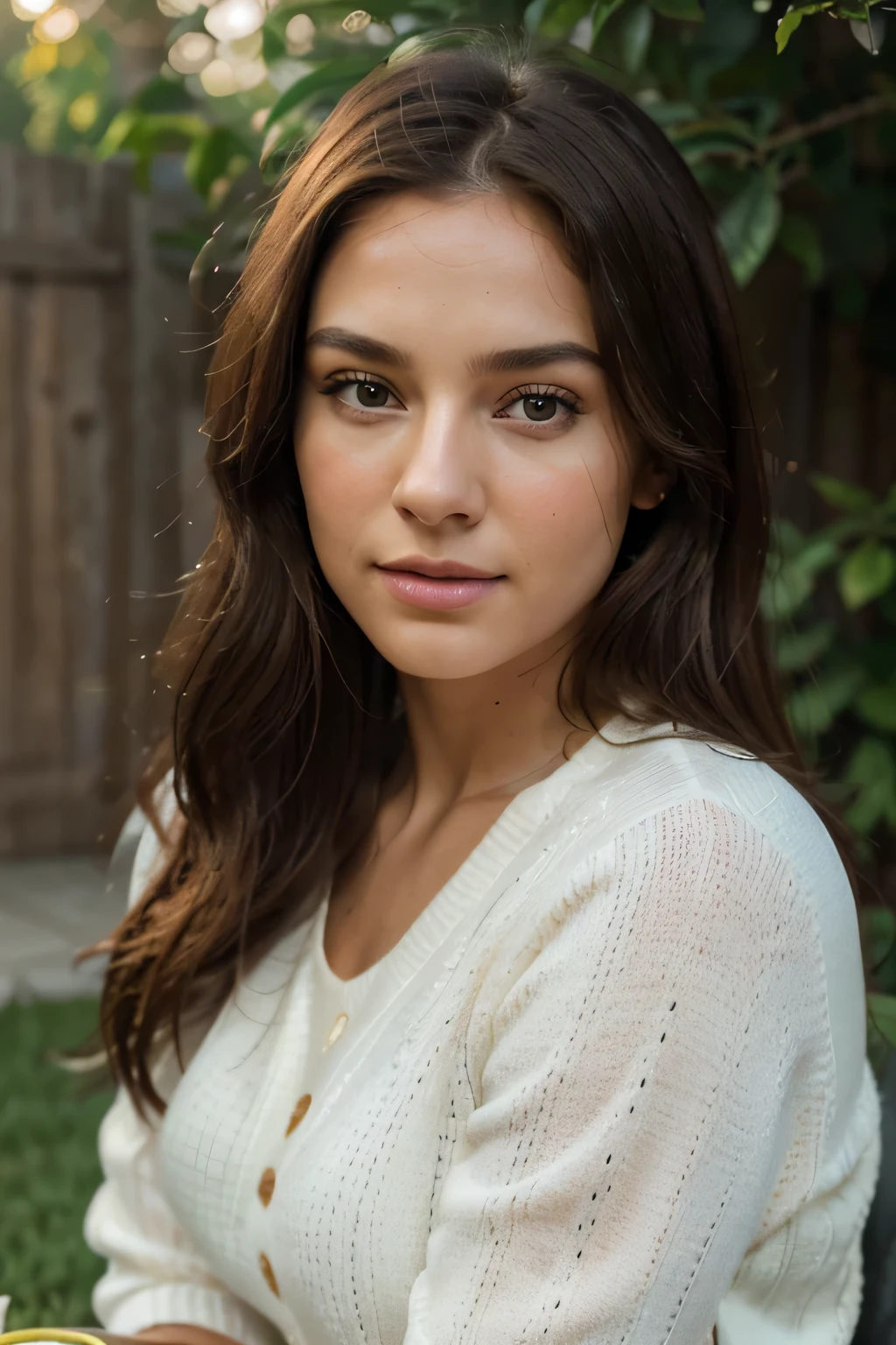 1 Woman, (Realstic:1), Content, fully body portrait , 24 year old, ((face, happy)), stunning RAW , the beautiful face, long brown hair, ultra beautiful woman, miss univers, sharp focus, highly detailed, 8k UHD, natural lighting, octane render, maximum detail, hyper-detailed, hyper-realistic, ultra-detailed, highest detail quality, ultra-realistic, shot with Canon r5 110mm lens f/6. 6 --ar 69:128 --style raw --v 5. 2, (high detail skin: 1.2), 8k uhd, DSLR, soft light, high quality, film grain, 20mp, Fuji XT3 , 80mm, Hasselblad, perfect eyes, solo and her happiness radiates from the image, analog style (gaze towards viewer:1.2) (skin texture, no make-up, natural make-up) (film grain:1. 3, front view, very detailed, natural, high resolution, best quality, intricate detail, very detailed, detailed skin, realistic skin texture, texture, detailed eyes, professional, 4k, kodak color vision, extremely detailed, photorealistic, realistic, post-processing, maximum detail, roughness, real life, ultra realistic, photorealism at home in morning , in lawn , with green tea on the table , wearing a white sweater , (sunshine coming)