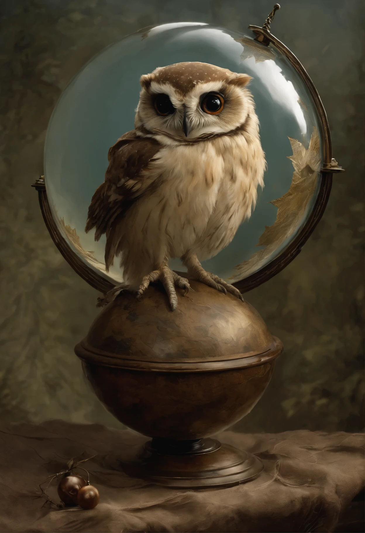  realism, A picture, Fantastic tale, Christmas style, John Tolkien style, Small painting by Jean-Baptiste Monge,    ,Makoto blue,  realism, realism 8kk,Scarecrow, an owl, globe, owl stretched on the globe, stuffed owl stretched over a globe, Jean-Baptiste Monge, anthropomorphic --ar 2:3 --testp - optimistic;  Straight hair