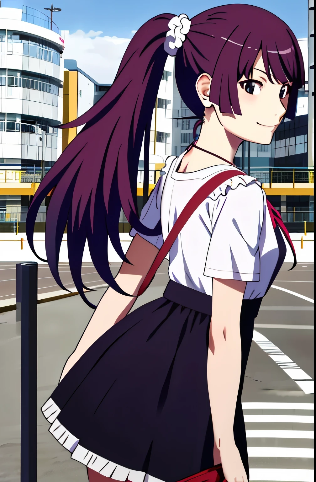 masterpiece, highest quality, High resolution, SH1, Hitagi Senjōgahara, long hair, White scrunchie, ponytail, Black short dress, White Shoulder Bag, black tights,  face focus, outdoor, (turn around:1.2), shy smile, blush, spreading arms widely