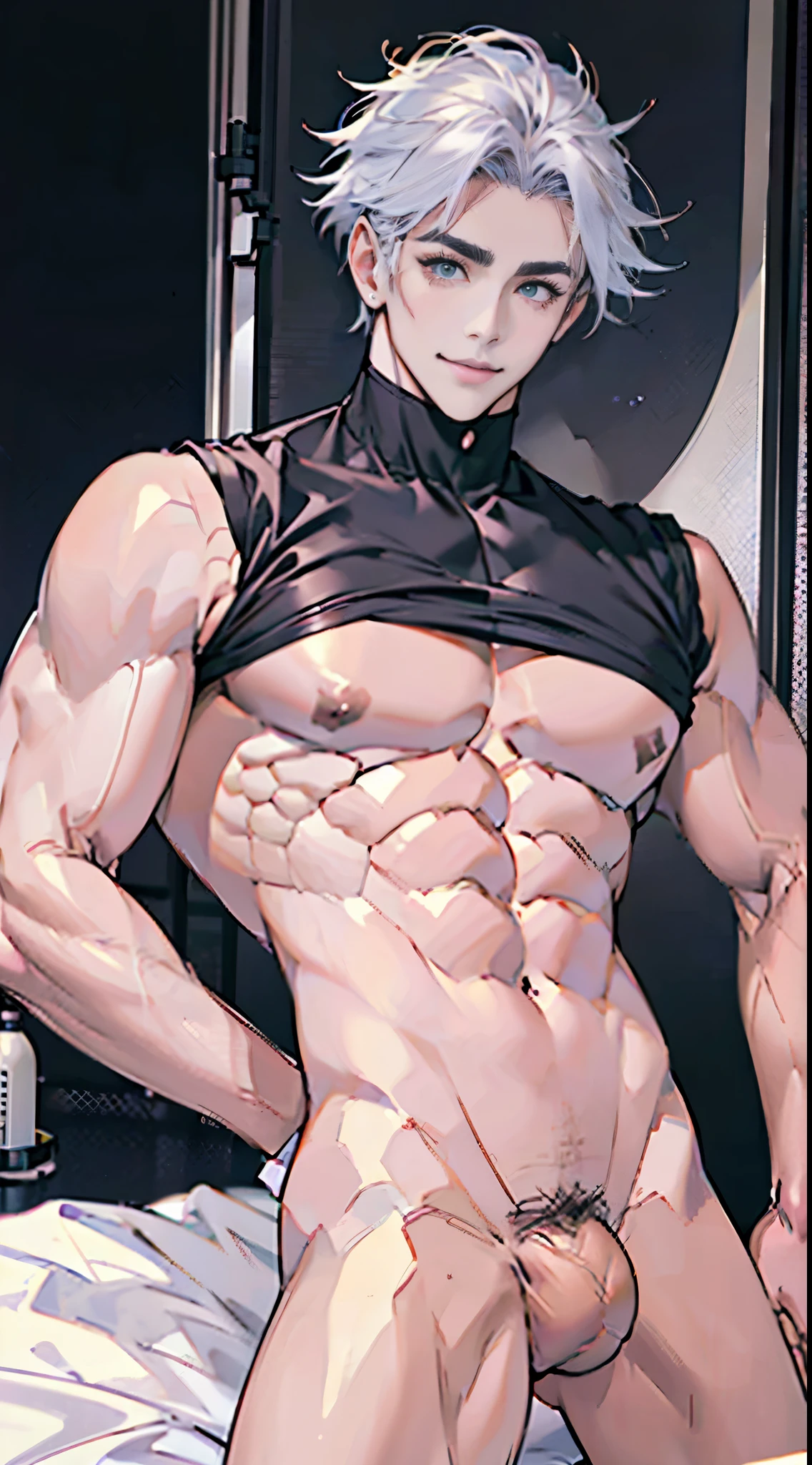 gay male model photos, sports, 22 years old, tilt, beefy,  short hair,  sharp focus, digital SLR, super quality,8K Ultra HD, high detail, Super real photos,  , ((Realistic skin), ((pores)), ((high detail皮肤)), Volumetric light, groin, (absurd, a high resolution, Ultra detailed, hdr), Men&#39;s upper body，masterpiece, best quality, Detailed face，Extremely handsome, short hair, finely eye and detailed face, Light smile, whole body, White and gray hair color,Topless, （anatomically correct），Have the perfect figure，Huge bulge，abdominal muscles，chest muscles， [ A well-defined body ]，two men，