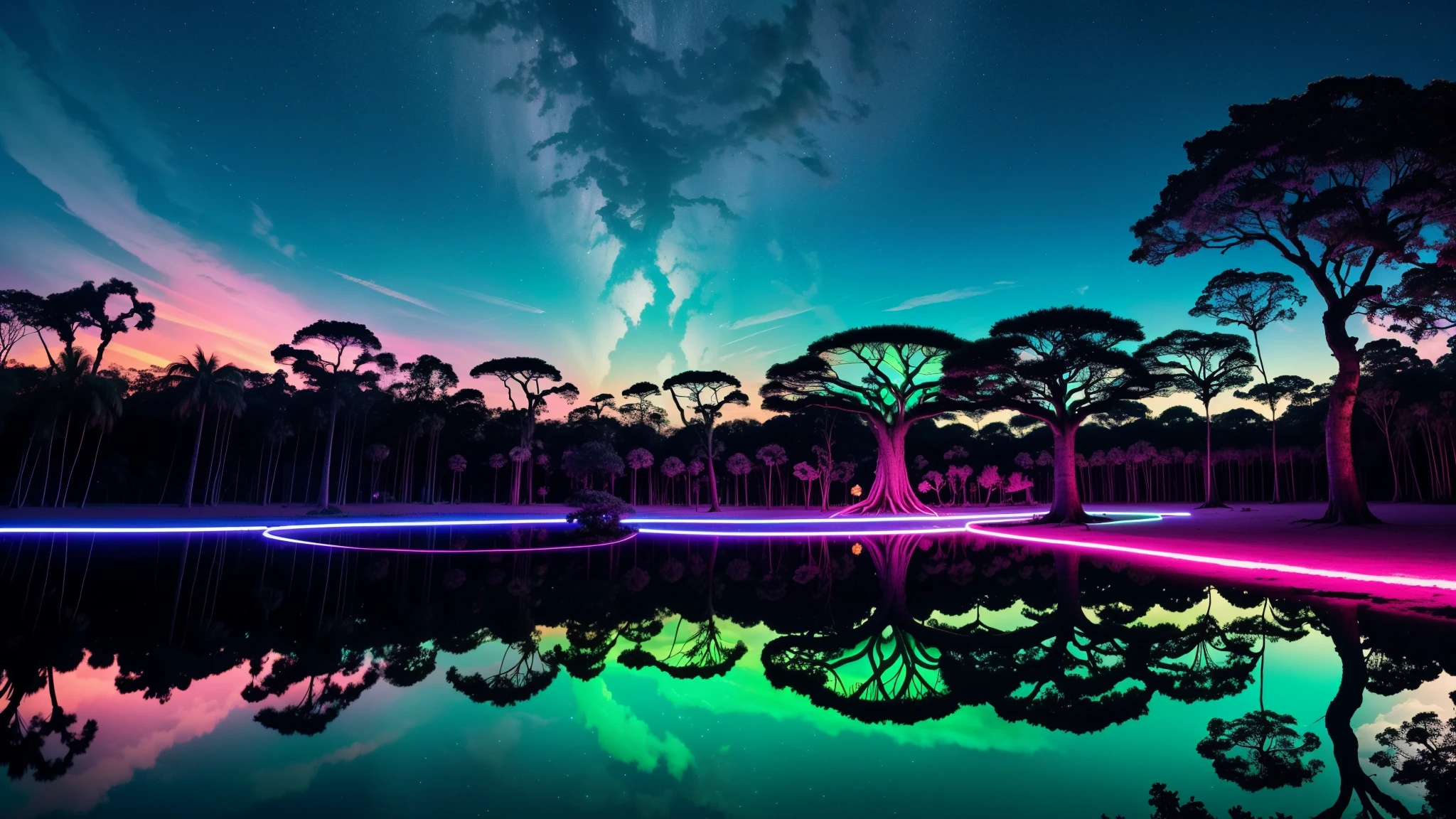 A big place with neon plants like alien style with tribe villages and with big trees in these trees their roots are kind of big neon and the trunk is kind of colorful, com rio passando com uma agua bem clara, When you look at the reflection of the water it gives neon lighting and the sky has colorful clouds