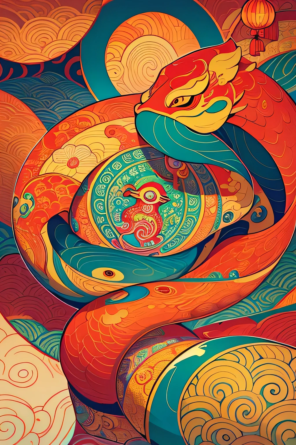 Illustration background about traditional festival of Chinese Year of the Snake，nobody，Surreal psychedelic design，Psychedelic illustration，Detailed digital illustrations，Whimsical and psychedelic，Foreign Exchange Illustration，official illustration，color illustration，adobe illustration art，Full color digital illustration，Stylized digital illustration，Inspired by Takashi Murakami，