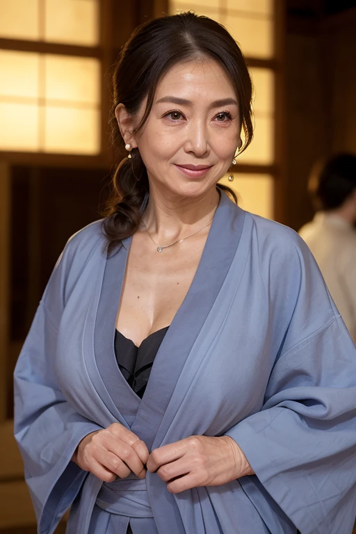 best quality, High resolution, Hires, skin definition, detailed skin, detailed eyes, detailed face, 4K, 日本人mature woman, ((solo)), (((90 years old))), (wrinkles at the corners of the eyes:1.7), (nasolabial folds:1.5), mature woman, sex appeal, sexy, fair skin, ((wavy long hair)), Looking at Viewer,(((my skin is old))), ((muscles are old)), (((Very large breasts:1.28))), ((loose breasts)), (flaccid butt), ((japanese model)), 4K, (photoReality:1.5), Reality, ticker, Beautiful, Bimbo, Perfect makeup, eye make up:1.9, small diamond necklace, earrings, {traditional Japanese kimono、luxury kimono}, smile, Public place,full body photo,