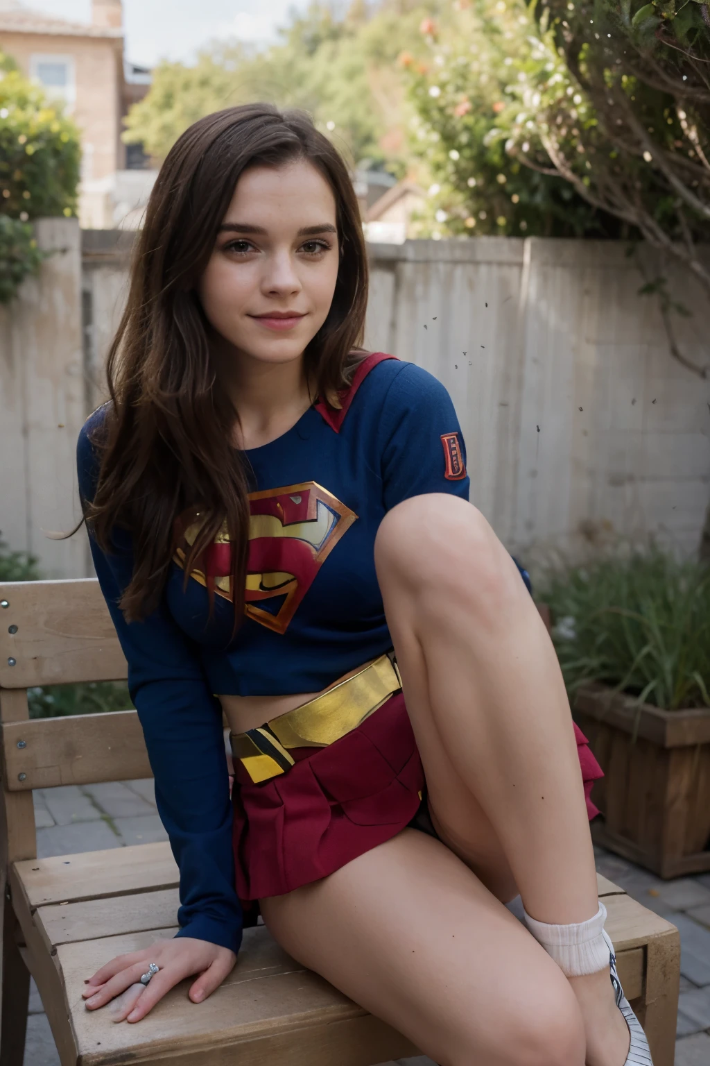 RAW, Best quality, high resolution, realistic, masterpiece: 1.3), emma watson as supergirl, black hair, perfect nose,perfect lips, perfect eyes, smiling, detail :1.2),1 supergirl in short red skirt, blue suit, full body image detail, watery eyes, RAW, Best quality, high resolution, masterpiece, soft smile, sitting on chair, spread legs to the side, show cameltoe, medium thick thigh, outdoor setting, full body picture.