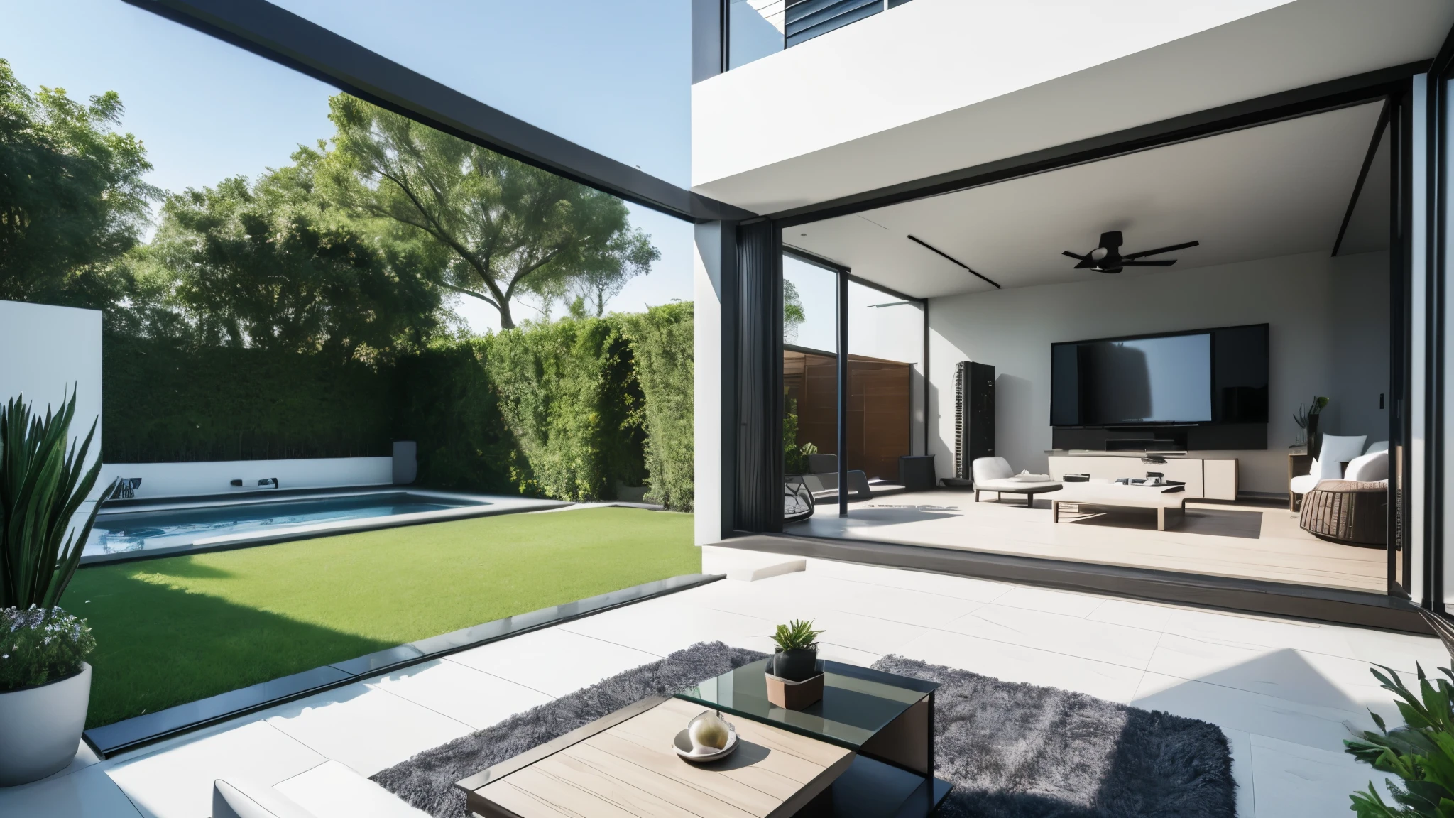 You are a famous interior designer、You have been asked to create a 3D image of a modern large room. Create a harmonious environment with modern and minimalist furniture. Including garden interior.