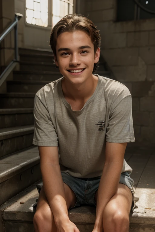 ager boy,19 year old , big forehead, short hairs, light smile, model, sitting on stairs, cinematic lights, cinematic lighting, god rays, UHD, masterpiece, ccurate, anatomically correct, textured skin, super detail, high details, high quality, award winning, highres, 4K, HD