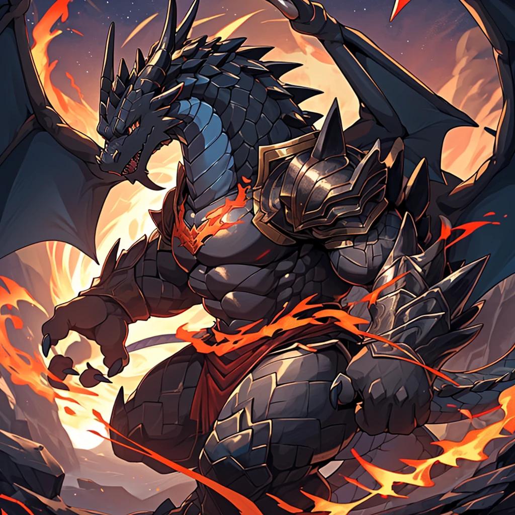 (The violent and powerful Black Dragon King，Wearing modern black and gold armor：100)，(Broad dragon body，majestic wingspan，Sharp dragon claws，thick dragon tail，The huge black dragon king，Huge dragon claws：2)，Strong build，(blue dragon flame：2)，blood moon，Mountull body picture，Very detailed，4K HD