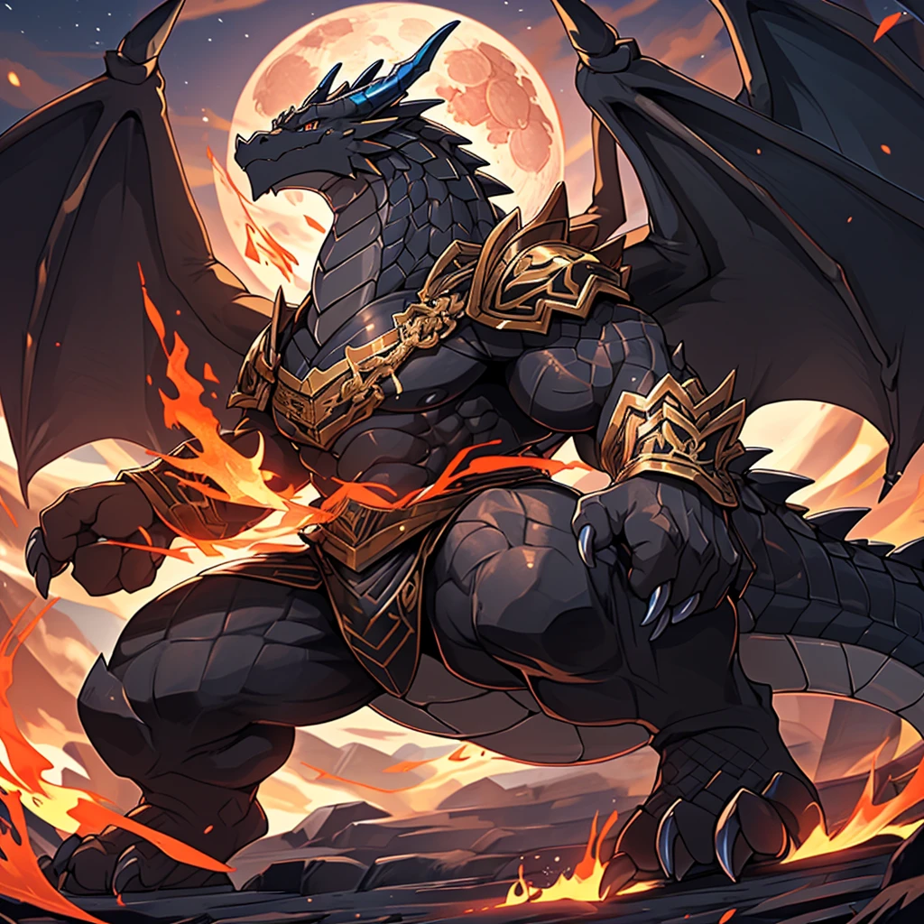 (The violent and powerful Black Dragon King，Wearing modern black and gold armor：100)，(Broad dragon body，majestic wingspan，Sharp dragon claws，thick dragon tail，The huge black dragon king，Huge dragon claws：2)，Strong build，(blue dragon flame：2)，blood moon，Mountull body picture，Very detailed，4K HD
